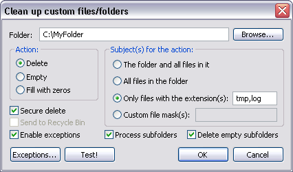 Setup options for custom folder cleanup